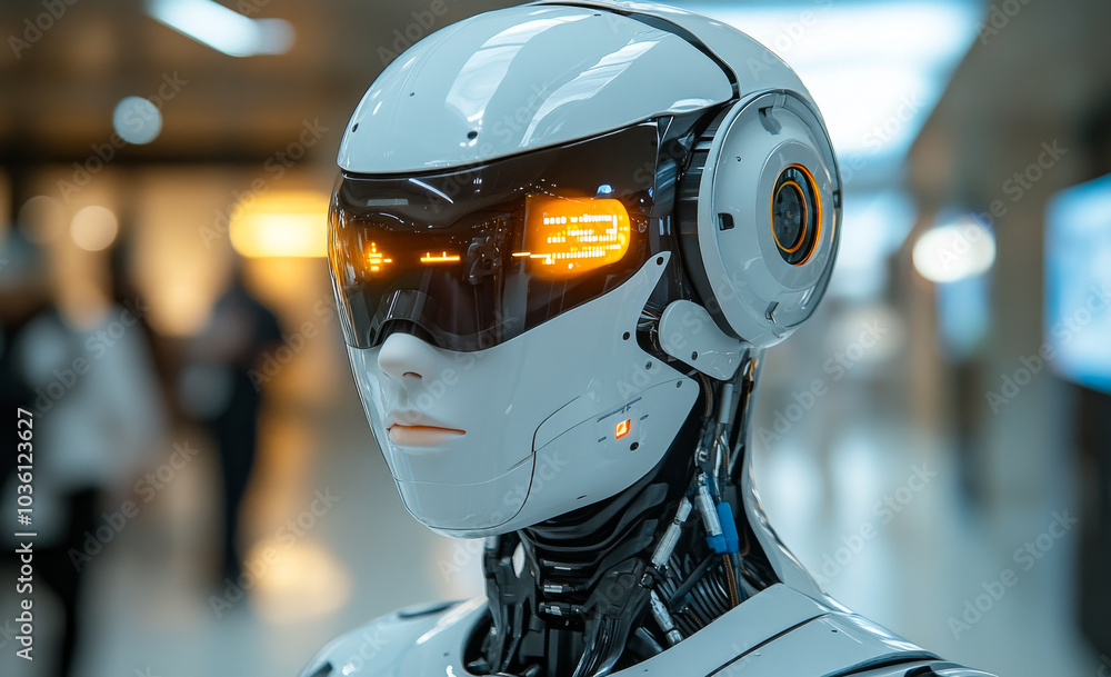 Fototapeta premium Advanced robot with screen in hallway. A sophisticated humanoid robot stands in a bustling hallway, showcasing its digital features amidst blurred figures in the background.
