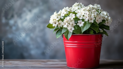 Bright white flowers in a pink pot against a vibrant red wall with natural light