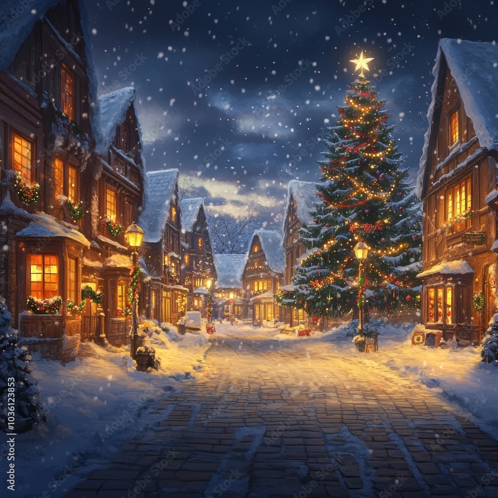 Fototapeta premium Gemütliches Winterdorf im Schein der Lichter