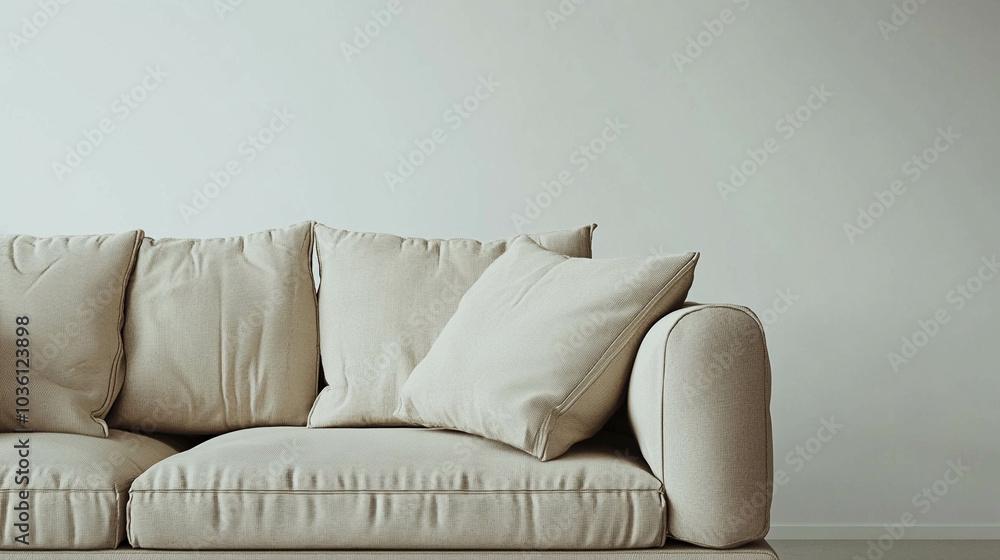 Modern and comfortable beige sofa close-up on a light beige background Modern and comfortable beige sofa close-up on a light beige background