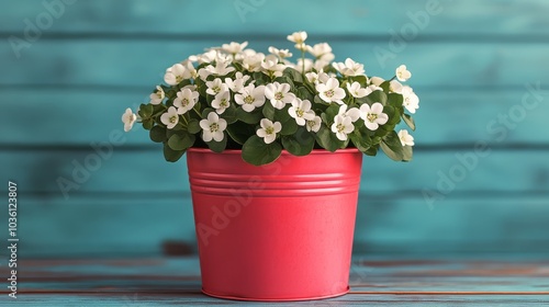 Bright white flowers in a pink pot against a vibrant red wall with natural light