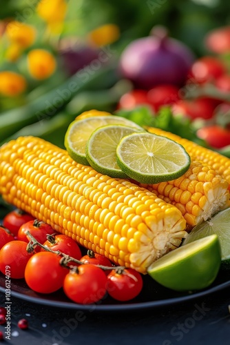 Fresh corn on the cob and cherry tomatoes served with lime slices in a garden...