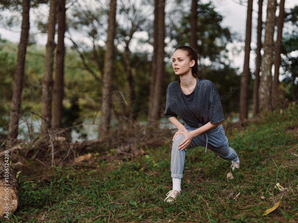 Young woman stretching in a forest during workout, wearing casual athletic clothes, preparing for exercise in nature Fitness and wellness concept Young woman stretching in a forest during workout, wearing casual athletic clothes, preparing for exercise in nature Fitness and wellness concept