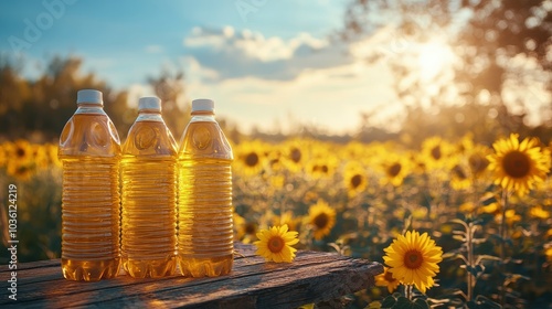 Bottles of golden oil resting on a wooden bench amidst a vibrant sunflower fi...