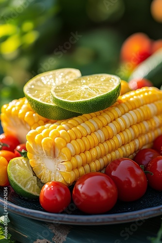 Fresh corn on the cob and cherry tomatoes served with lime slices in a garden...