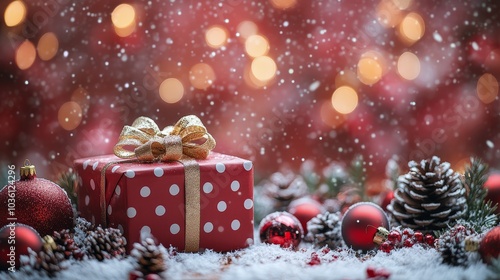 Festive Christmas gift box surrounded by ornaments and pinecones in soft snow...