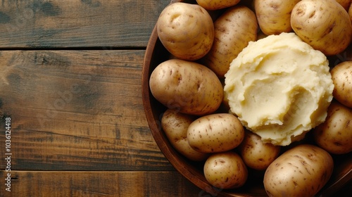 Rustikale Präsentation von Kartoffelpüree mit ganzen Kartoffeln auf Holzoberfläche für Kochkunst photo