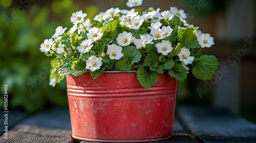 Bright white flowers in a pink pot against a vibrant red wall with natural light