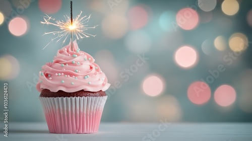 A festive cupcake with pink frosting and a sparkler against a bokeh background