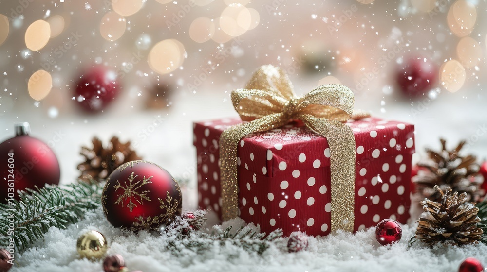 Festive Christmas gift box surrounded by ornaments and pinecones in soft snowfall ambiance Festive Christmas gift box surrounded by ornaments and pinecones in soft snowfall ambiance