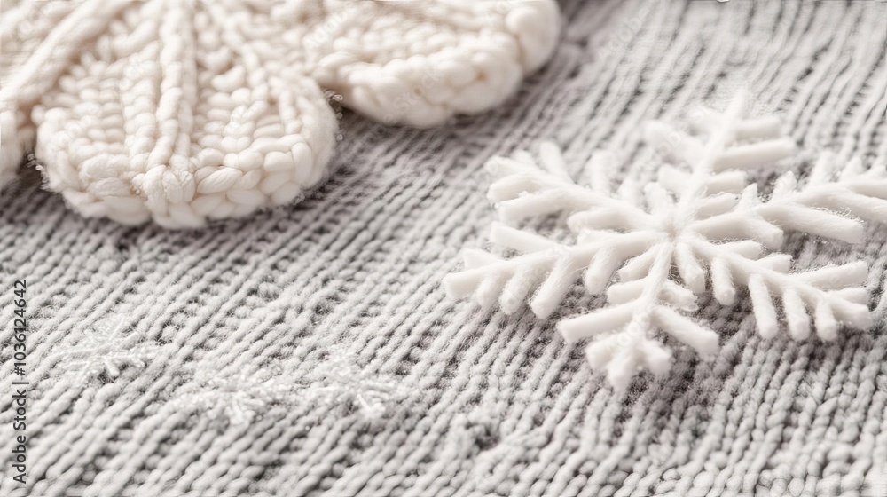 Close-up of delicate snowflakes on a warm wool sweater, cozy winter feel Close-up of delicate snowflakes on a warm wool sweater, cozy winter feel