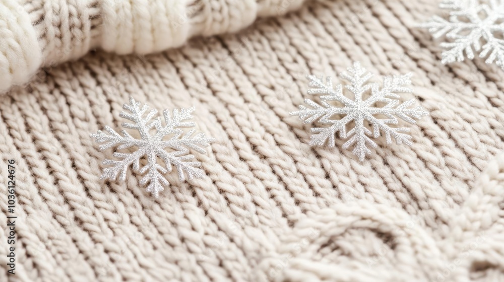 Close-up of delicate snowflakes on a warm wool sweater, cozy winter feel Close-up of delicate snowflakes on a warm wool sweater, cozy winter feel
