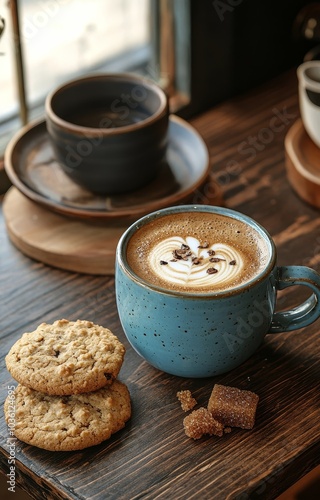 Enjoying a warm cup of coffee and cookies on a cozy wooden table in a cafe se...