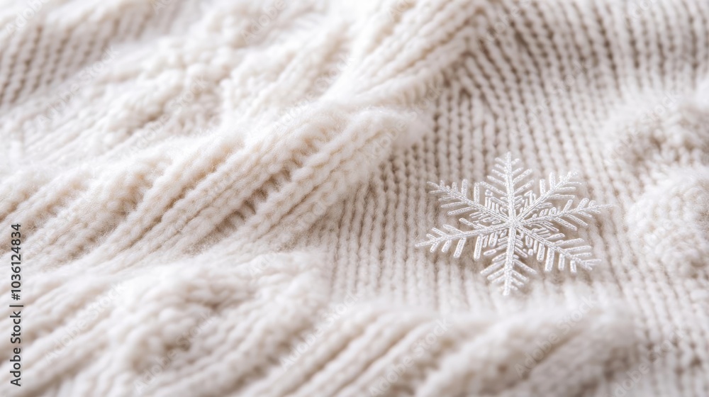 Close-up of delicate snowflakes on a warm wool sweater, cozy winter feel Close-up of delicate snowflakes on a warm wool sweater, cozy winter feel
