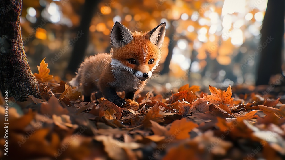 Fototapeta premium 3D Cute Baby Fox Cub Peeking from a Pastel Orange Bush