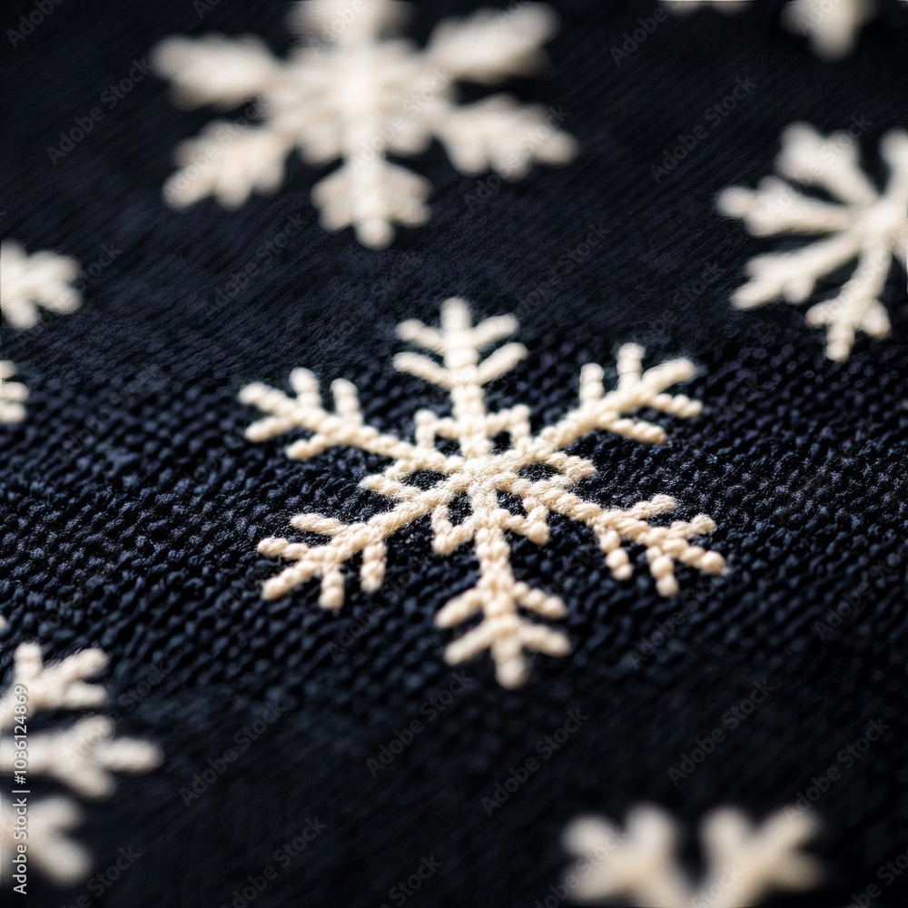 Close-up of intricate snowflake designs on dark fabric, high contrast winter detail Close-up of intricate snowflake designs on dark fabric, high contrast winter detail