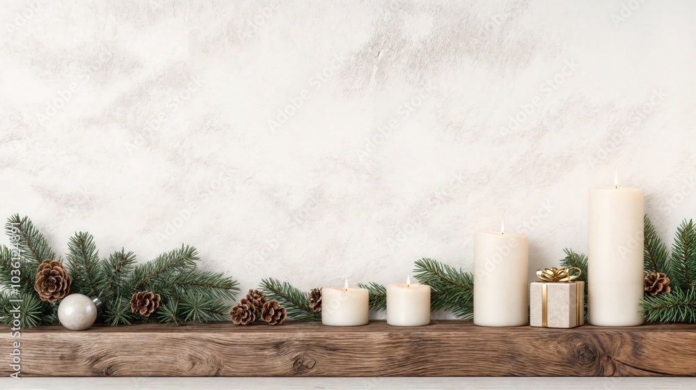 Minimalist holiday decor with candles, pine branches, and pine cones on wooden shelf