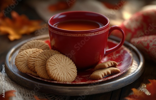 Warm autumn vibes with a steaming cup of tea and cookies surrounded by colorf...