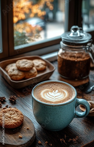 Enjoying a warm cup of coffee and cookies on a cozy wooden table in a cafe se...