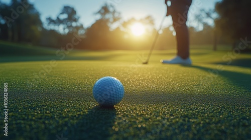 A golfer prepares to putt as the sun sets over the green at a beautiful golf ...