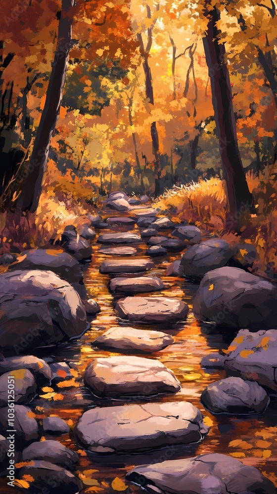 Tranquil stream in an autumn park, reflecting vibrant fall colors as golden leaves float gently on the water, perfect for serene visuals. Tranquil stream in an autumn park, reflecting vibrant fall colors as golden leaves float gently on the water, perfect for serene visuals.