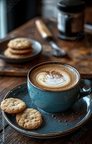 Enjoying a warm cup of coffee and cookies on a cozy wooden table in a cafe se...