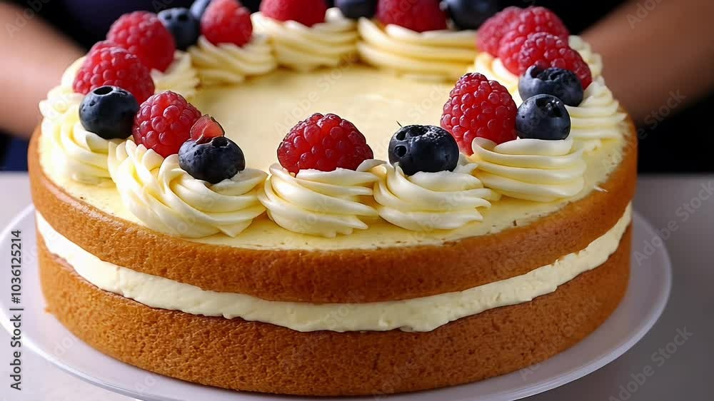 Delicious Berry Cream Cake Preparation With Fresh Raspberries and Blueberries in a Sunny Kitchen Setting Delicious Berry Cream Cake Preparation With Fresh Raspberries and Blueberries in a Sunny Kitchen Setting