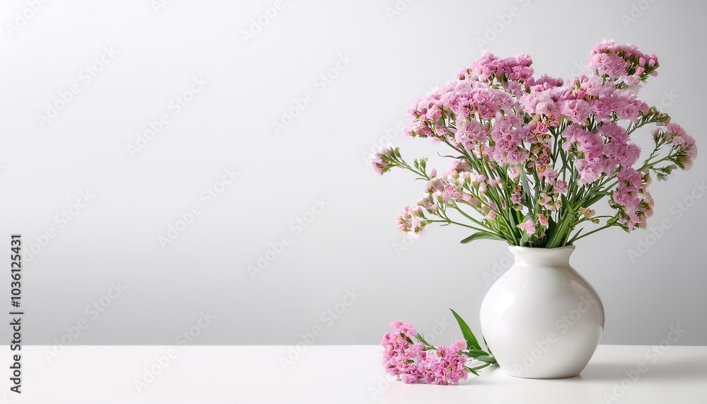A delicate display of pink limonium sinuatum, statice, flowers in a simple white vase on side position provides copy space for text. background concept isolated white A delicate display of pink limonium sinuatum, statice, flowers in a simple white vase on side position provides copy space for text. background concept isolated white