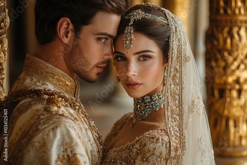 A romantic portrait of a couple in elegant attire, set against a golden backdrop