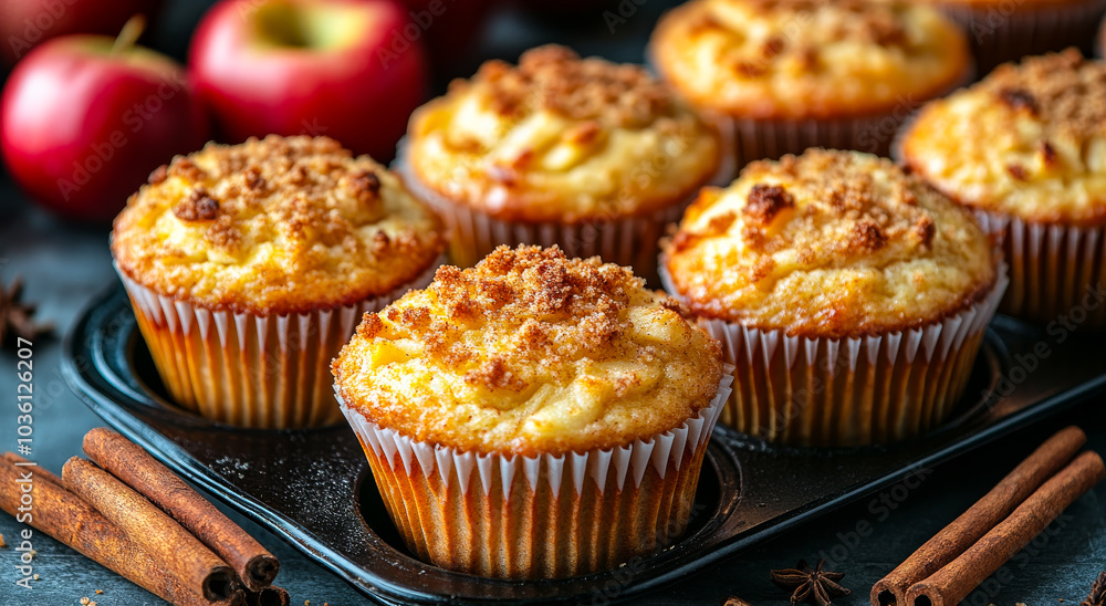 Freshly baked apple muffins with cinnamon spices. Delicious apple muffins topped with a crumbly brown sugar crust, surrounded by fresh apples and cinnamon sticks on a dark surface. Freshly baked apple muffins with cinnamon spices. Delicious apple muffins topped with a crumbly brown sugar crust, surrounded by fresh apples and cinnamon sticks on a dark surface.