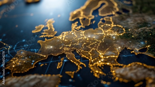 Abstrakte digitale Karte von Westeuropa mit beleuchteten Netzwerkverbindungen für die Technologieindustrie