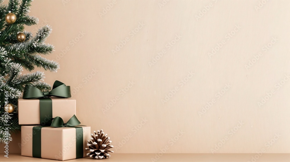 Minimalist Christmas scene with gift boxes, pine tree, and pinecone on neutral beige background
