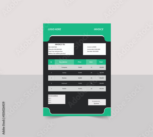 A Modern Minimal Invoice Layout and Business invoice form template. Invoicing quotes, money bills or price invoices and payment agreement design templates. Tax form, bill graphic or payment receipt.