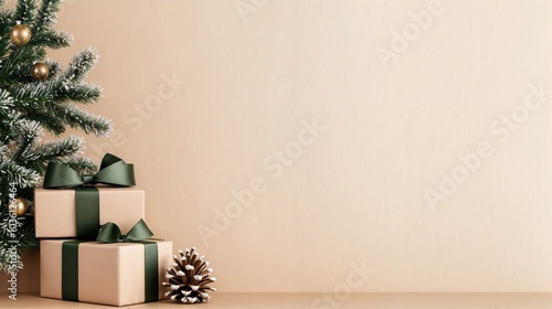 Obraz na płótnie Minimalist Christmas scene with gift boxes, pine tree, and pinecone on neutral beige background w salonie