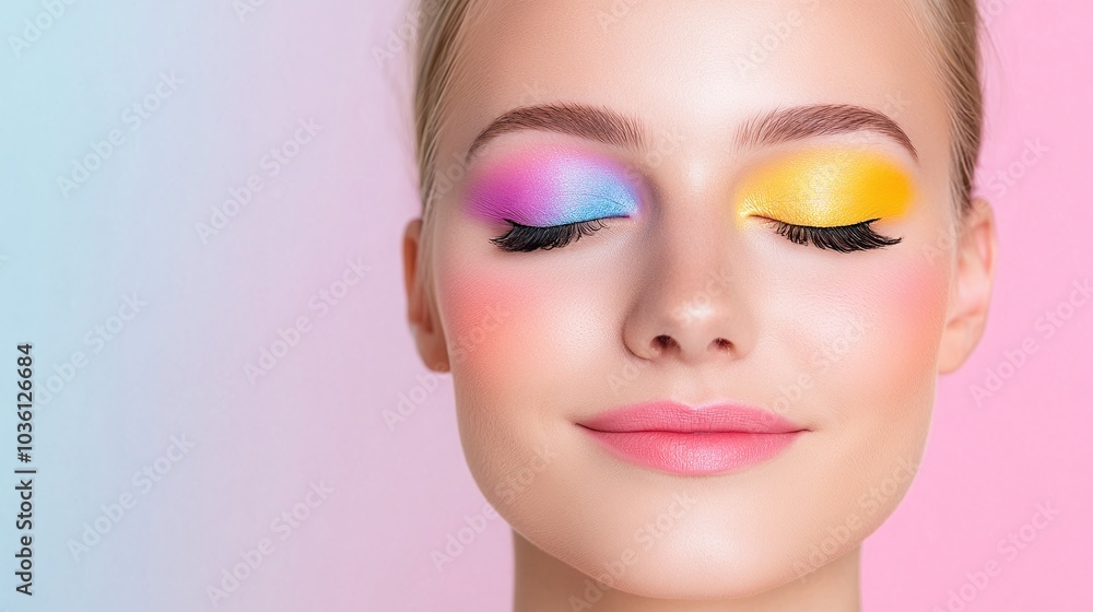 Colorful eyeshadow look, rainbow makeup with closed eyes, glowing skin, pastel gradient background, vibrant beauty portrait, modern and artistic makeup trends, flawless elegance
Colorful eyeshadow look, rainbow makeup with closed eyes, glowing skin, pastel gradient background, vibrant beauty portrait, modern and artistic makeup trends, flawless elegance