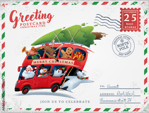 vintage christmas greeting card with illustration bus santa claus with gifts together with bear reindeer elf penguin cookie