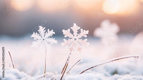 Delicate snowflakes on ice-covered grass, frozen nature in stillness