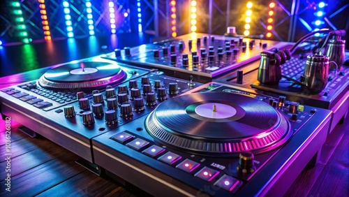 Professional dj turntables and mixing console standing ready for the party in a nightclub