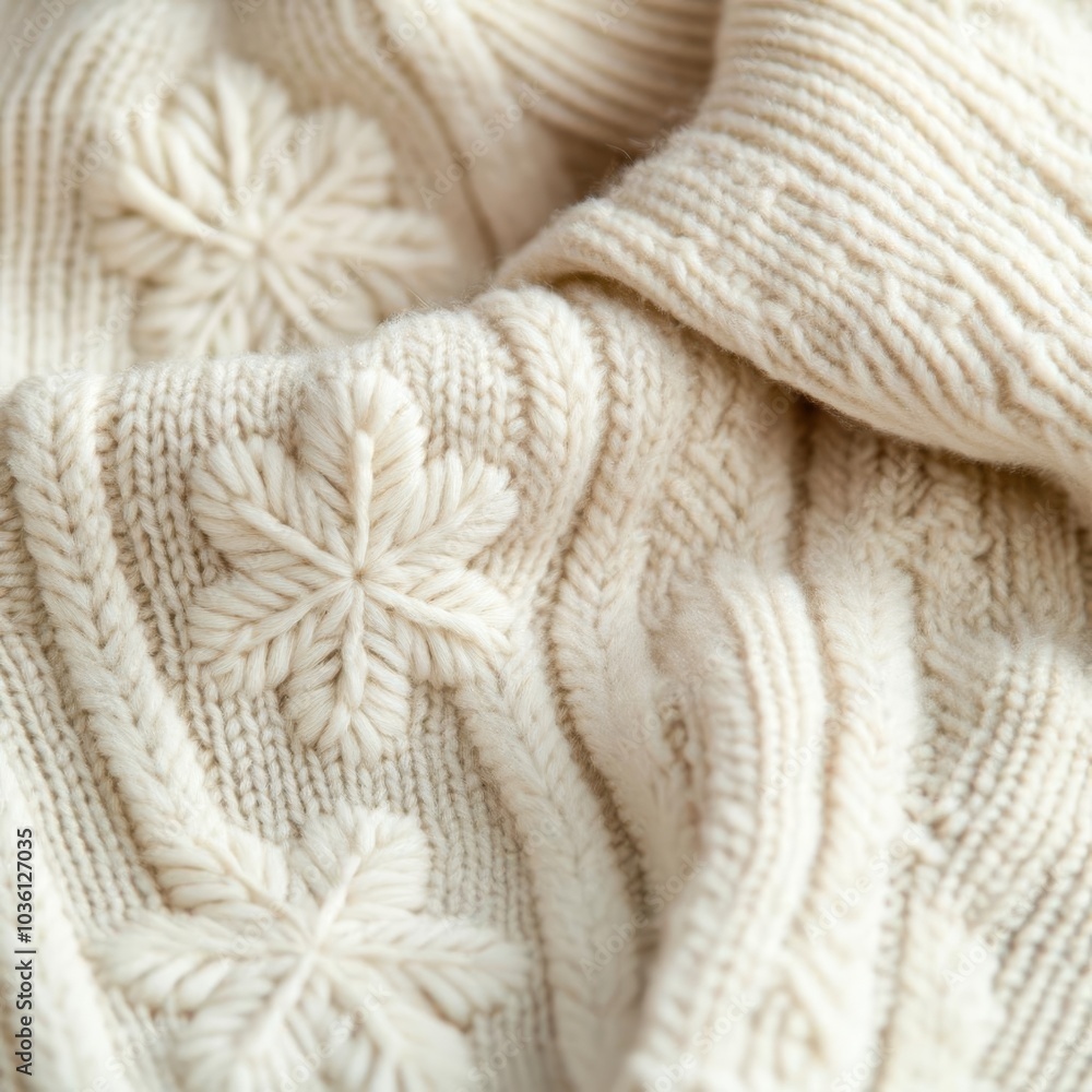 Delicate snowflakes on a wool sweater, cozy winter detail Delicate snowflakes on a wool sweater, cozy winter detail