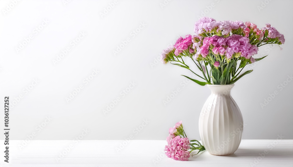 A delicate display of pink limonium sinuatum, statice, flowers in a simple white vase on side position provides copy space for text. background concept isolated white A delicate display of pink limonium sinuatum, statice, flowers in a simple white vase on side position provides copy space for text. background concept isolated white