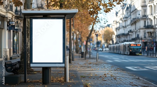 A blank white poster on the side of a modern bus stop shelter, ready for advertisement. 