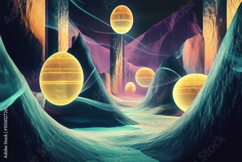 Surreal digital art featuring floating objects in a void with glowing outlines photo