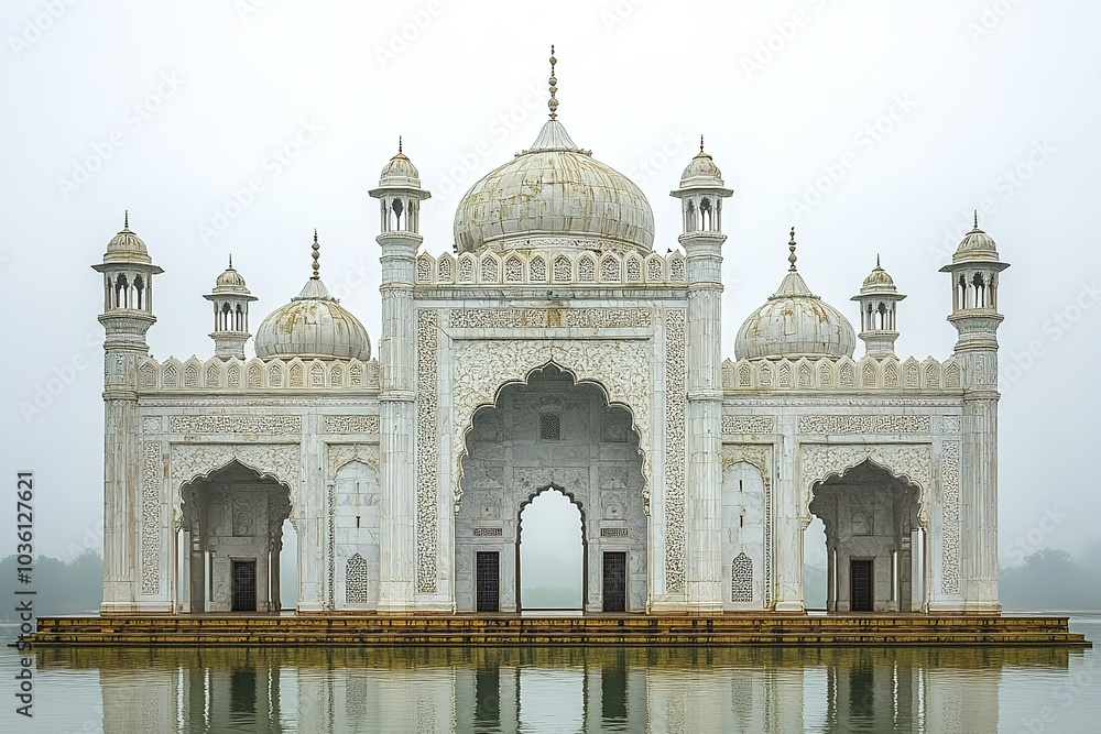 Naklejka premium A white marble mosque stands on a lake, with multiple arches and domes.