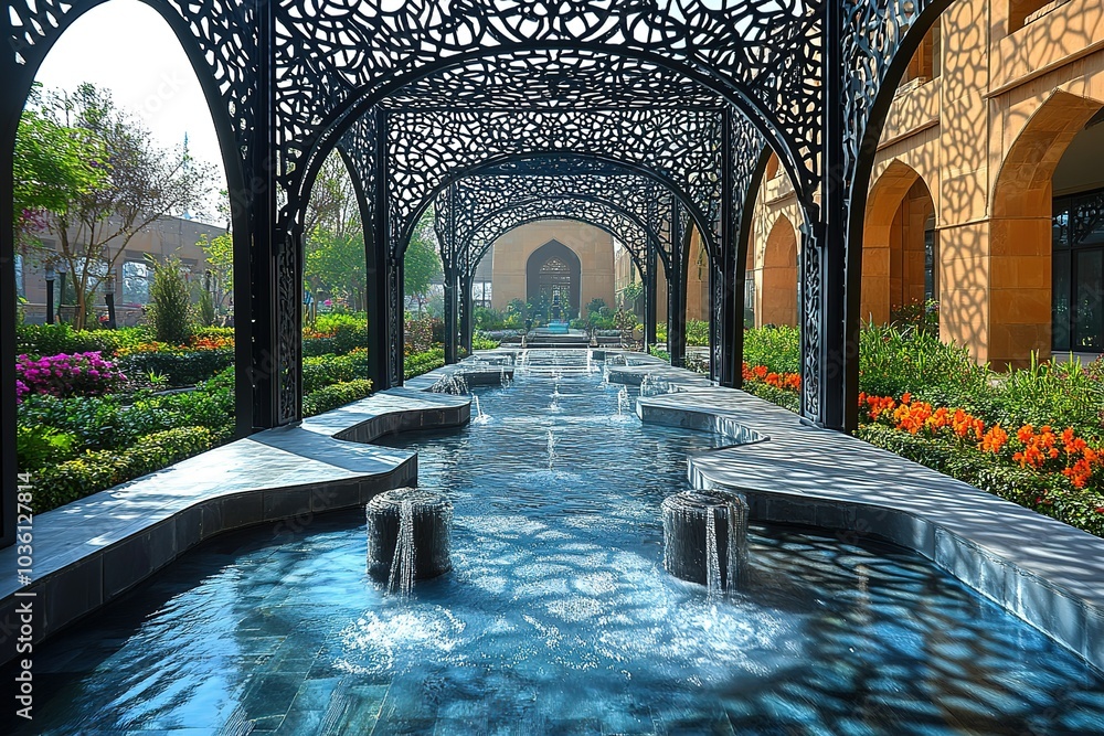 Fototapeta premium A serene water feature with intricate latticework creates a peaceful walkway in a modern garden.