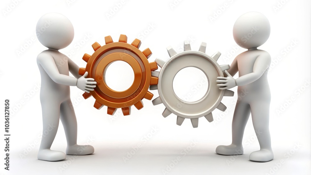 Two businessmen are connecting metal gears in a concept of teamwork and partnership Two businessmen are connecting metal gears in a concept of teamwork and partnership