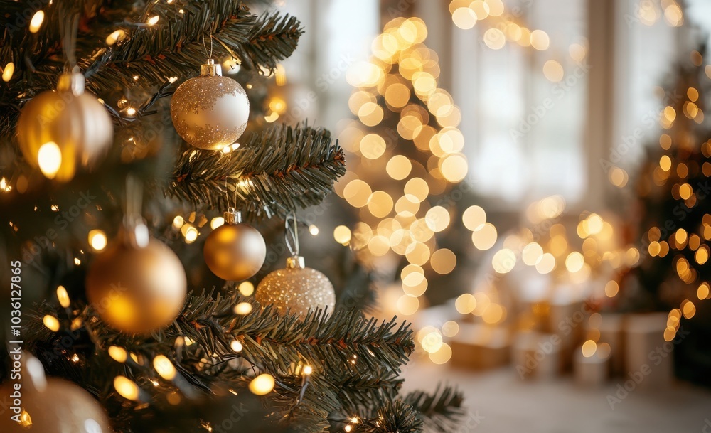 Blurred background of an elegant interior with a blurred Christmas tree decorated in golden and white lights Generative AI Blurred background of an elegant interior with a blurred Christmas tree decorated in golden and white lights Generative AI