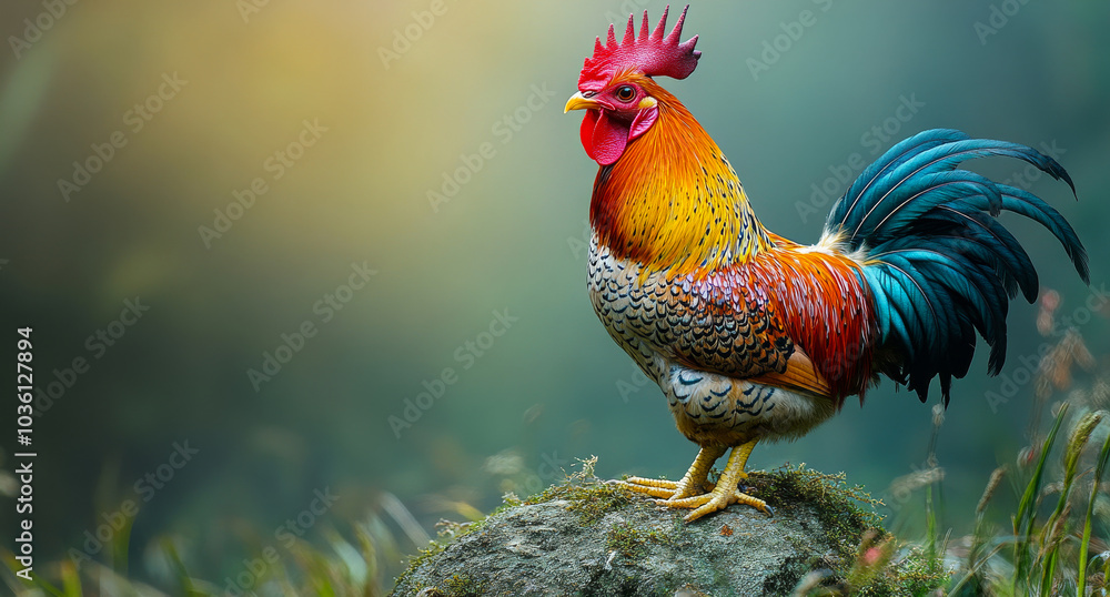 Fototapeta premium Colorful rooster perched on a rock at sunrise. A vibrant rooster stands proudly on a moss-covered rock as the sun rises, showcasing striking colors in a serene landscape.
