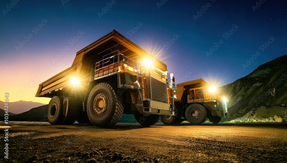 front view The world's largest mining trucks with their lights