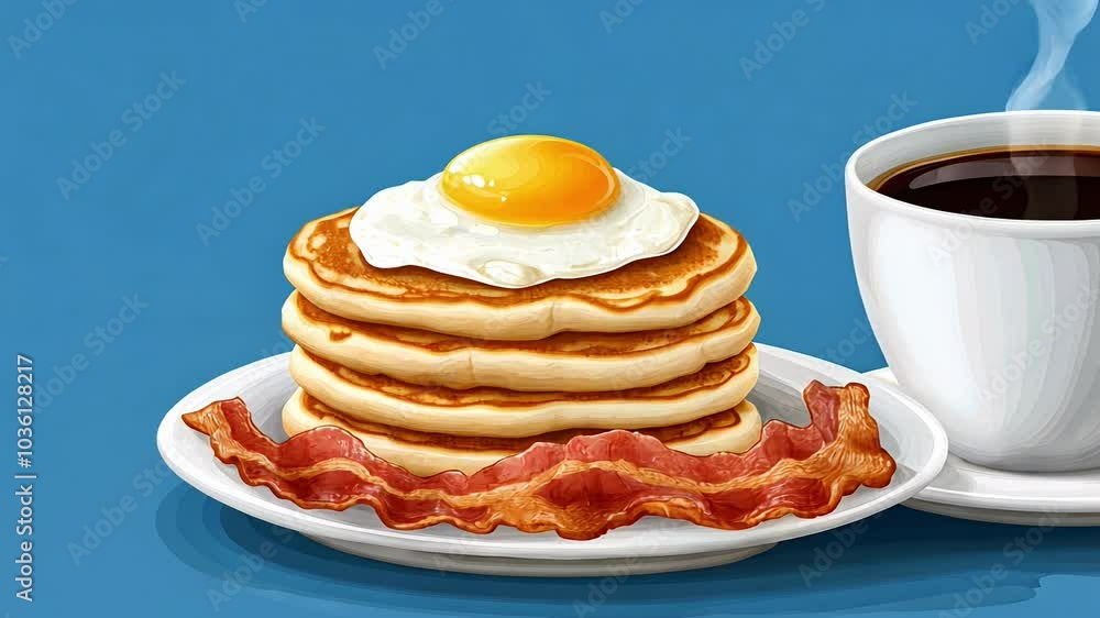 Enjoying a Hearty Breakfast of Pancakes, Bacon, and Sunny-Side-Up Egg With a Steaming Cup of Coffee in the Morning