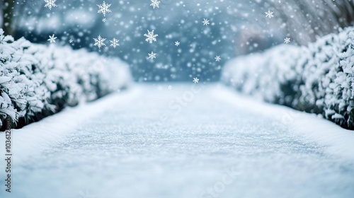 Wallpaper Mural Snowflakes falling on a frozen garden path, winter stillness and beauty Torontodigital.ca